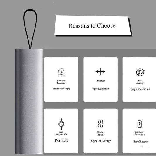 3-in-1 Extendable Charging Cable, 8 Feet, USB Type-C, USB Type-A Connectors, 3A Fast Charging, 15W MULTI COLOUR